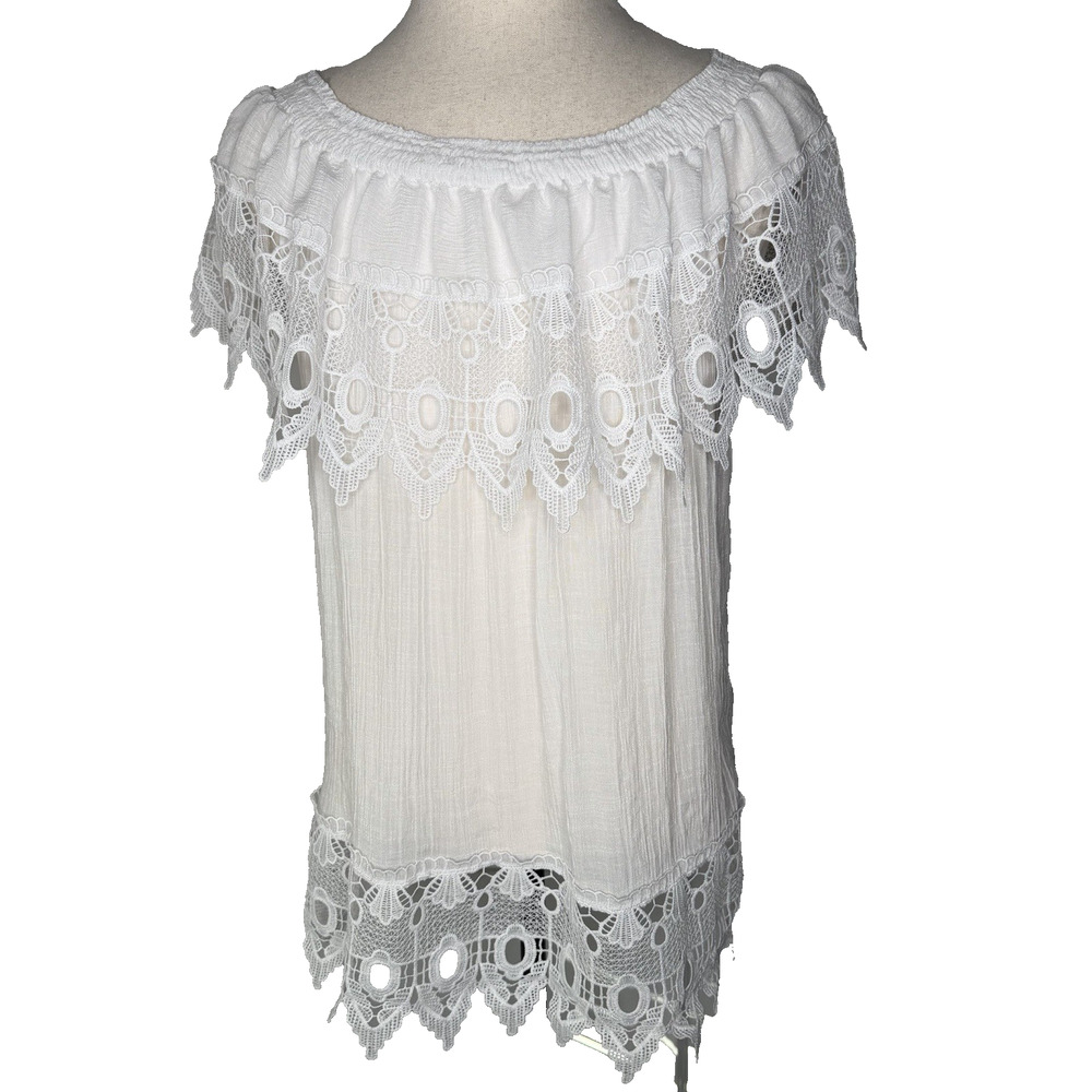 Rouge Collection Women’s White Semi-Sheer Sleeveless Top 3X White Lace Border